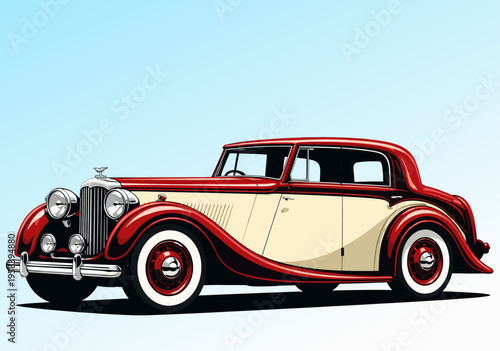 Φωτογραφία 075-33-Vintage red and cream car with whitewall tires against a blue background,