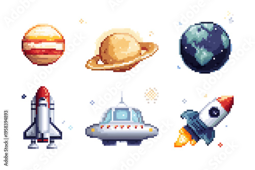 Pixel art space exploration: planets and rockets in vibrant colors