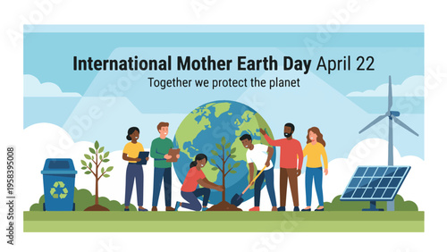Diverse group of people celebrating International Mother Earth Day by planting trees and promoting environmental protection with renewable energy sources.