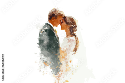 Romantic embrace: caucasian couple wedding watercolor art