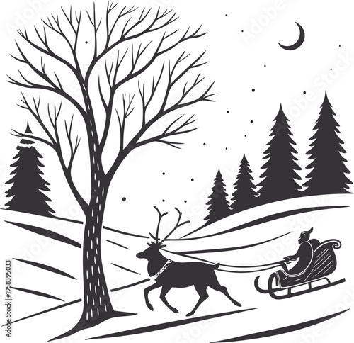 Vector illustration of Santa Claus in sleigh pulled by reindeer on snowy night