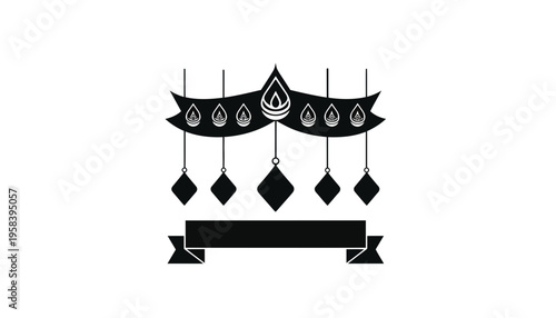 A black banner icon with hanging diamond shapes and teardrop designs