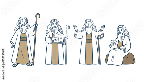 Moses icon illustration set in various poses with staff and tablets