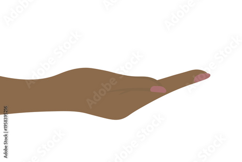 Person extending hand, palm up. African American. Requesting hand gesture. Color vector illustration. Isolated on white background. Give. Open palm. Flat style. Idea for web design.