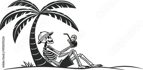 Vector illustration of skeleton relaxing under palm tree