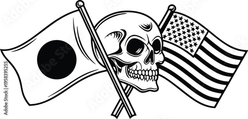 Vector illustration of skull with Japanese and American flags crossed