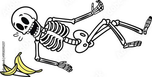 Vector illustration of a skeleton slipping on bananas