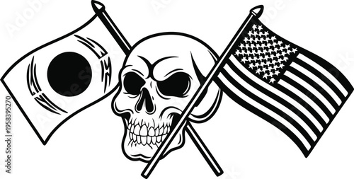 Vector illustration of skull with Japanese and American flags