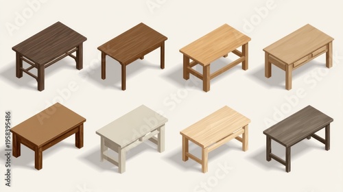 Isometric view of wooden tables in different colors