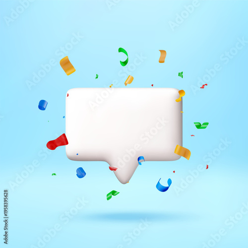 3D White speech bubble with colorful confetti. 3D rendered chat cloud for social media communication and festive notification. Celebration, announcement and greeting. Vector illustration