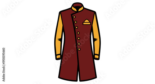 This elegant traditional Indian men's long coat, designed in a classic Jodhpuri or Sherwani style, features a rich maroon color with contrasting golden yellow sleeves and sophisticated button detailin