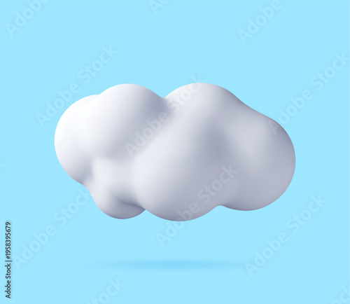 White 3D cloud floating on light blue background. Soft puffy weather icon with realistic shadow. Digital element for internet data storage, meteorology app and graphic design. Vector illustration