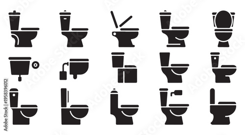 Sanitary toilet bowl variations including wall mounted and floor standing models for interior design projects