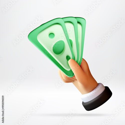 Hand holding green paper money banknote 3d. Banker or businessman showing cash. Financial, banking, investment, saving, wealth, spending, economy, payment and profit concept. Vector illustration