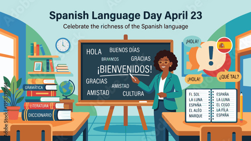 Spanish Language Day April 23 Classroom Illustration, Spanish Vocabulary Board with Books and Learning Materials, Language Education and Cultural Awareness Concept Flat Vector Design