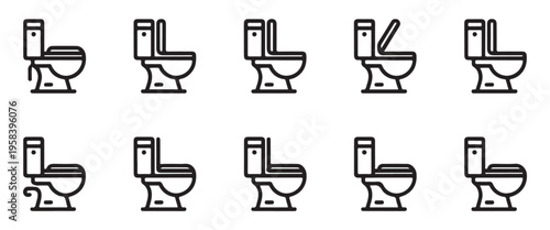 Linear toilet icons set with thin stroke designs for modern bathroom application interfaces and website menus