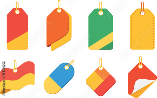 Colorful price tags and labels in various shapes and sizes