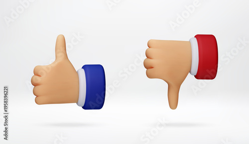 Cartoon 3d hand with thumb up and thumb down sign. Social media like and dislike icon. Comparison of opposite feedback and review. Positive and negative choice. Vector illustration