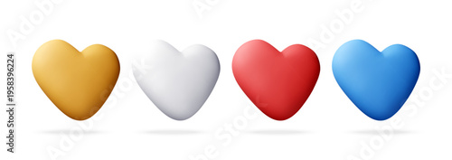 Colorful 3D hearts in a row. Glossy heart shapes in gold, white, red, and blue colors. Romantic symbol for love, like button, social media, and holiday. Vector illustration