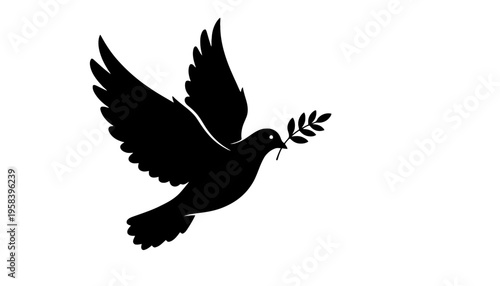 A dove silhouette icon with olive branch in its beak flying