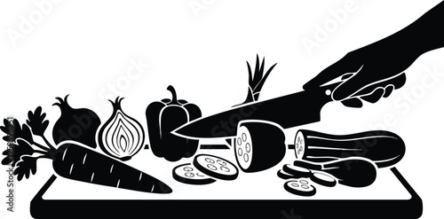 Hand chopping vegetables with a knife on a cutting board, including carrots, onions, peppers, cucumber, and zucchini, for food preparation