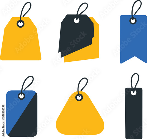 Collection of yellow blue and black price tags and labels
