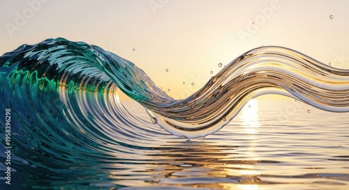 Transparent glass wave cresting in golden sunset light