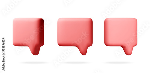 Red 3d speech bubble icons for digital communication. Set of talk box symbols for social media messaging, chat notification and comment interface design. Innovative web graphic. Vector illustration