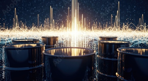 Oil barrels with digital data streams and energy waves abstract background
