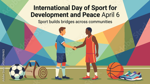 International Day of Sport for Development and Peace April 6 Fair Play Illustration, Athletes Shaking Hands After Game, Unity Respect and Sportsmanship Concept Flat Vector Design