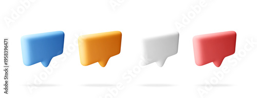 3D Set of colorful three dimensional speech bubbles. Abstract chat icons for social media communication and digital messaging interface design. Modern interface elements for web. Vector illustration