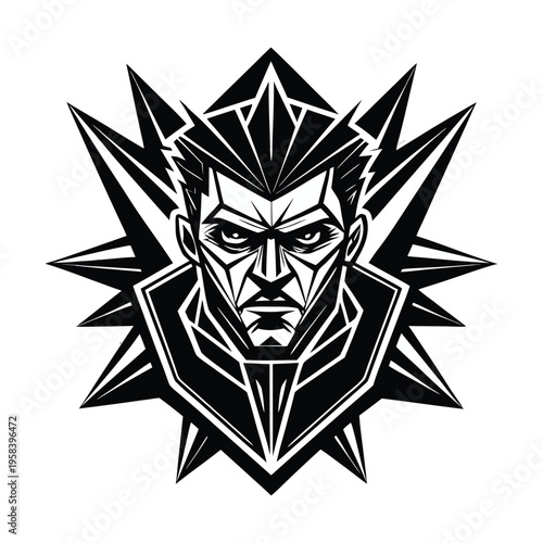Geometric superhero head, futuristic comic book art, black and white vector, illustration