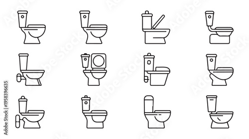 Clean line drawings of different toilet models showing various lid positions and tank designs bathroom elements