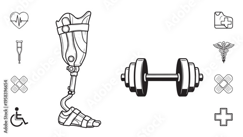 Prosthetic Leg And Rehabilitation Fitness Concept Representing Mobility Recovery, Physical Therapy And Medical Support Vector Illustration