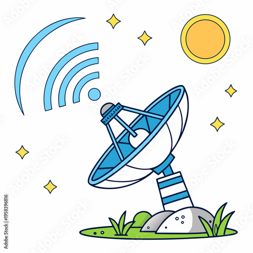 Satellite dish with signal emission towards sun and stars. showcasing modern telecommunication and astronomical exploration capabilities