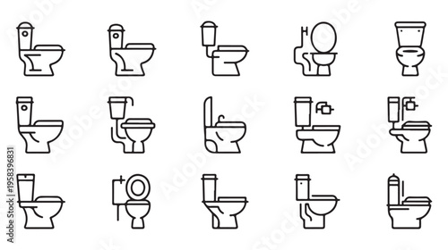Set of minimalist toilet linear icons showing various plumbing fixtures for bathroom design and home interior