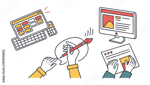 Creative workspace elements showing person drawing with brush at desk surrounded by computer monitors displaying website designs and data interfaces