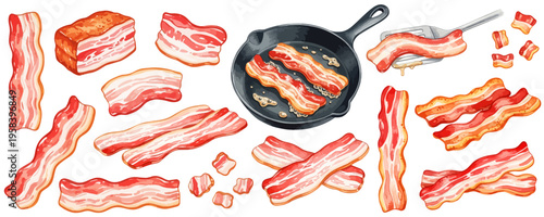 ベーコンとフライパンの調理シーンの水彩風イラストイラストセット｜ベーコン、豚肉、調理、フライパン、焼き