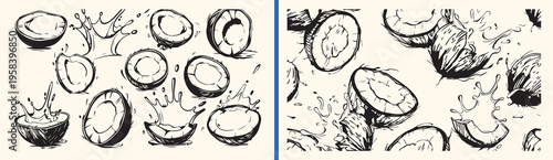 Coconut shell pattern, tropical nut background, organic coconut illustration, exotic fruit wallpaper, hand drawn coconut sketches, beach vibes design, natural coconut pattern
