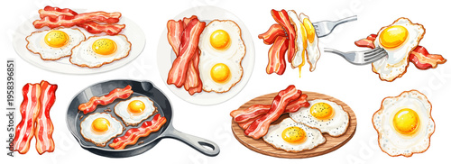 ベーコンエッグの朝食プレートと調理シーンの水彩風イラストセット｜ベーコン、目玉焼き、卵料理、フライパン