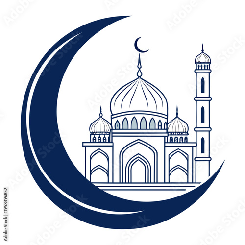 Islamic mosque in outline with crescent moon for ramadan kareem or eid al-fitr muslim community festival celebration design