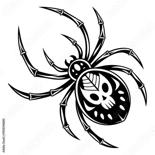 Halloween black widow spider tattoo with skull and bone pattern on its back, tribal art style vector design