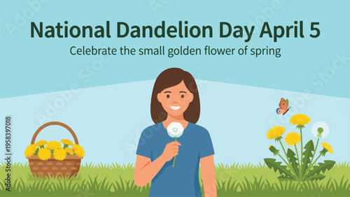 A woman celebrating National Dandelion Day on April 5th, holding a dandelion puffball in a field with a basket of yellow dandelions and a butterfly.