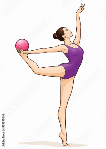 074-35-Female rhythmic gymnast balancing on one leg, holding a pink ball with graceful pose