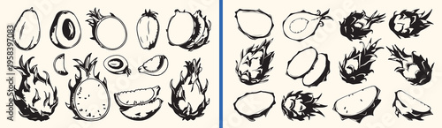 Tropical dragon fruit doodle, hand drawn exotic fruit, pitaya botanical sketch art, healthy organic food icon, summer fruit collection design, minimalist kitchen decor illustration, fresh fruit market