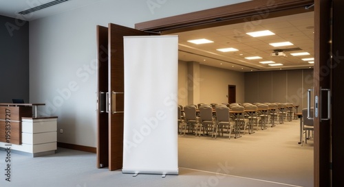 Modern conference room interior with chairs.