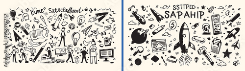 Hand drawn creative sketch doodle, artistic inspiration and ideas, minimalist pencil drawing icons, creative thinking concept art, abstract design element set, black and white sketch, imagination and 