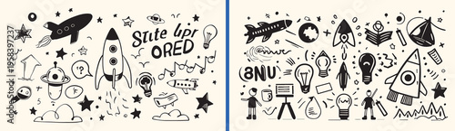 Tech ideas and growth, hand drawn innovation icons, digital transformation sketch art, creative business strategy doodle, tech startup concepts collection, minimal coding and development, brain and li