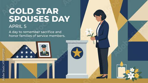 A solemn illustration for Gold Star Spouses Day, showing a woman honoring fallen service members with a lily, a folded flag, and a portrait.