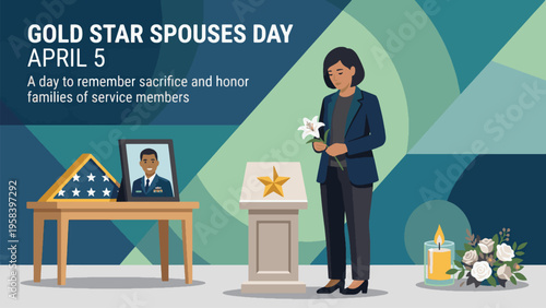 Gold Star Spouses Day April 5 Memorial Illustration, Woman Honoring Fallen Service Member, Military Remembrance and Family Sacrifice Tribute Concept Flat Vector Design